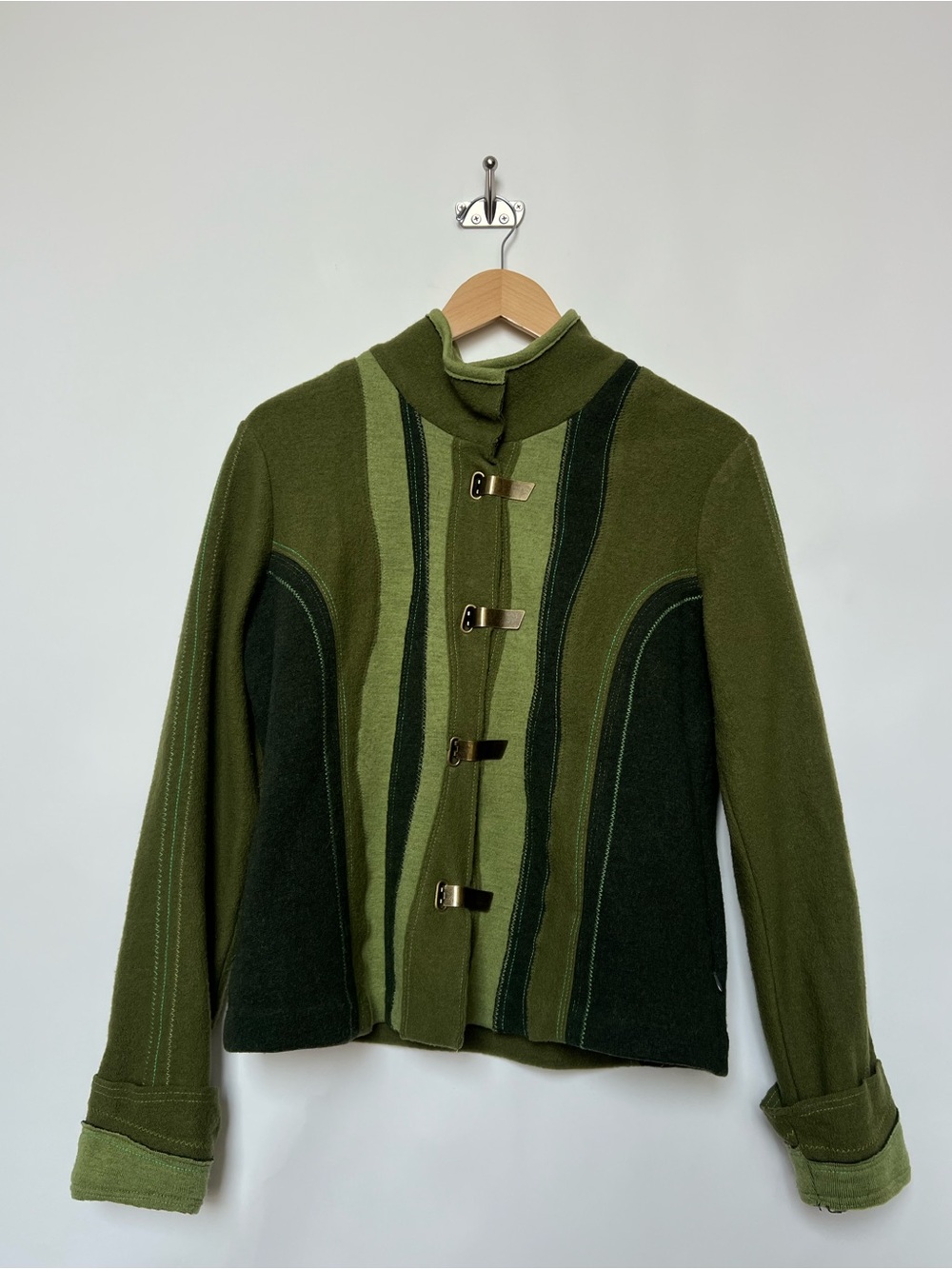 Icelandic Design 100% Wool Jacket Small Green Lagenlook Toggle Art to Wear Rare